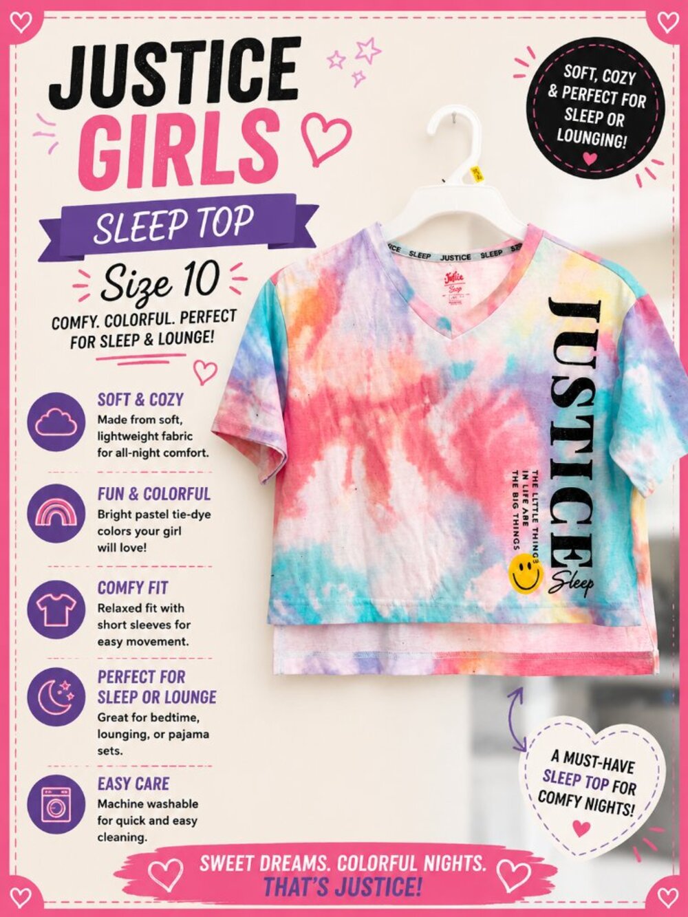 Justice Girls Tie-Dye Sleep Top Size 10